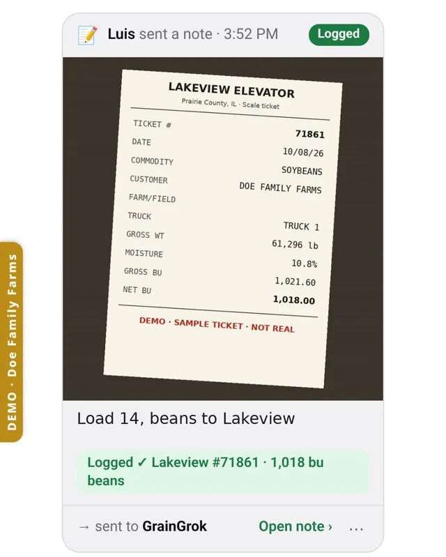 Scale ticket photo logged by the grain bot